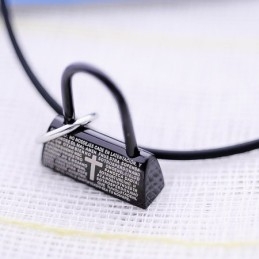 Colar Com Pingente De Titânio Com Cadeado Preto Da Moda Com Versículo Bíblico E Cruz