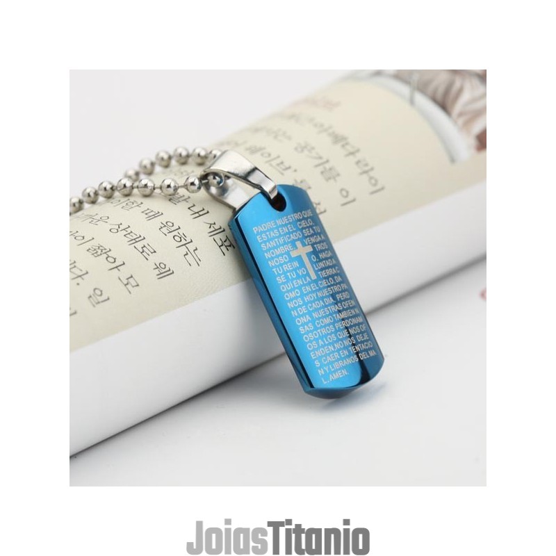 Colar Com Pingente De Aço Titânio E Cruz Azul-Celeste Masculino, Presente