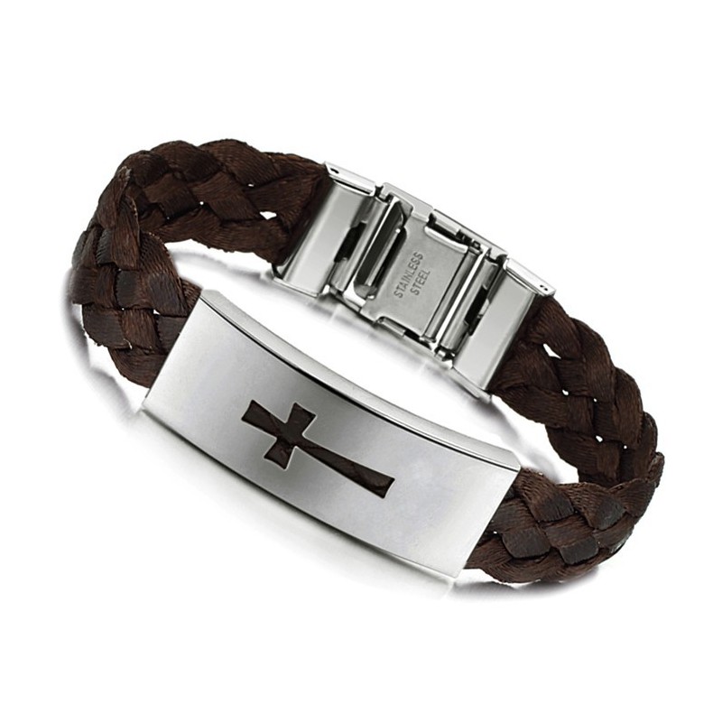Pulseira De Couro De Titânio Com Cruz Masculina De Qualidade Estável Pulseira De Couro De Titânio Com Cruz Masculina De Qualidade Estável