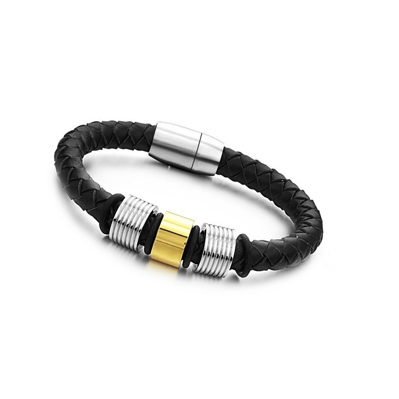 Pulseira Masculina De Couro De Titânio Preto Rainha Da Qualidade