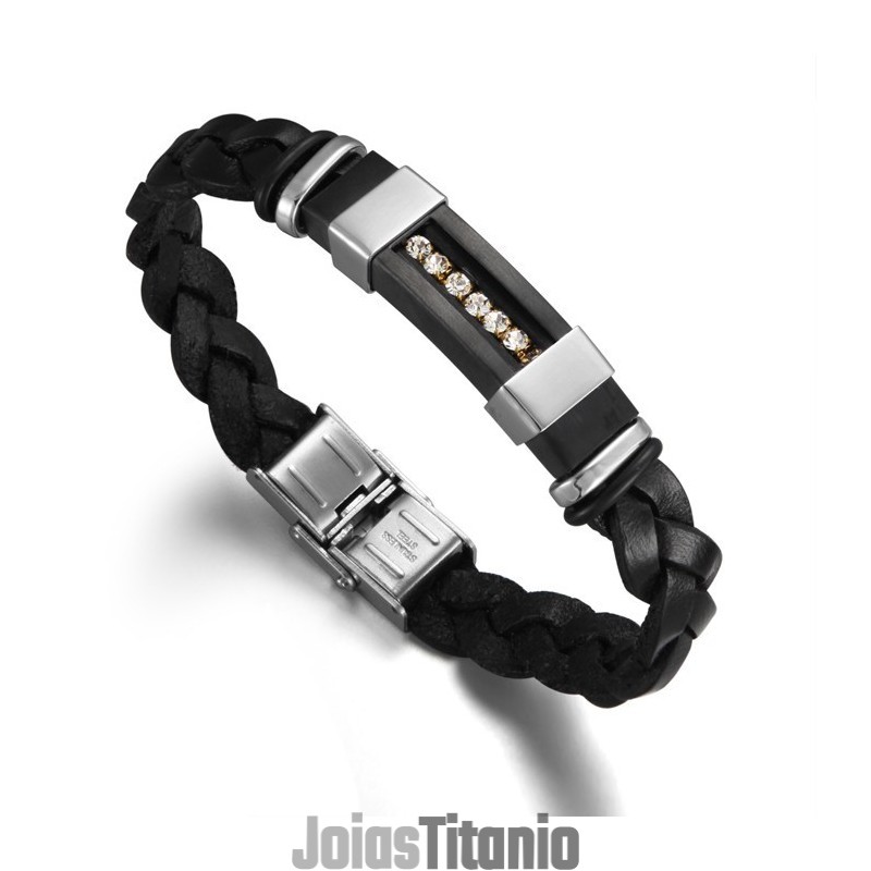Pulseira Masculina De Couro De Titânio Preto De Reputação Confiável