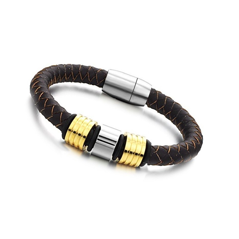 Pulseira Masculina De Couro De Titânio Marrom De Excelente Qualidade