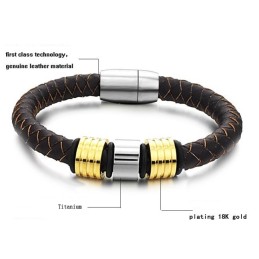 Pulseira Masculina De Couro De Titânio Marrom De Excelente Qualidade
