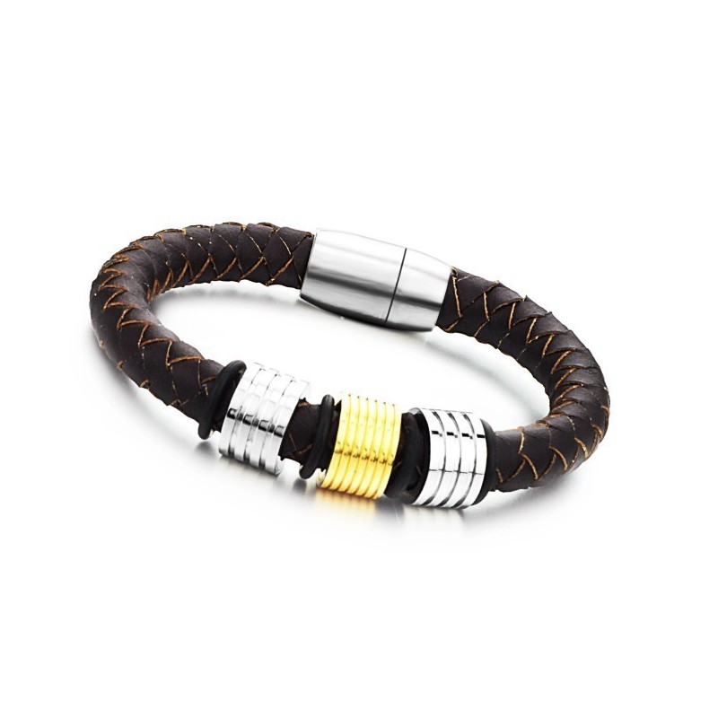 Pulseira Masculina De Couro De Titânio Marrom Fácil De Usar Pulseira Masculina De Couro De Titânio Marrom Fácil De Usar