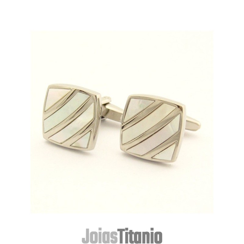 Abotoaduras Elegance Shell Com Listras Diagonais Em Titânio Marfim Abotoaduras Elegance Shell Com Listras Diagonais Em Titânio Marfim