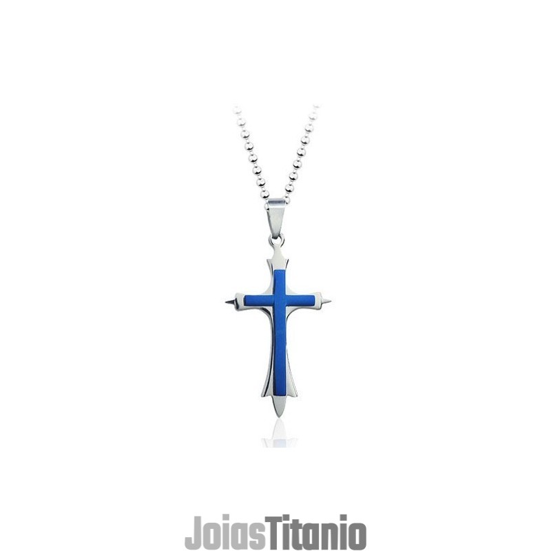 Pingente De Cruz De Titânio Azul Masculino Estiloso - Corrente Grátis