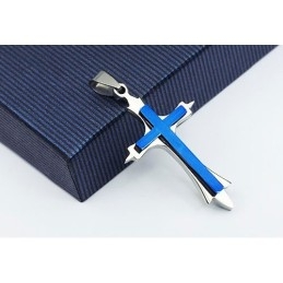 Pingente De Cruz De Titânio Azul Masculino Estiloso - Corrente Grátis