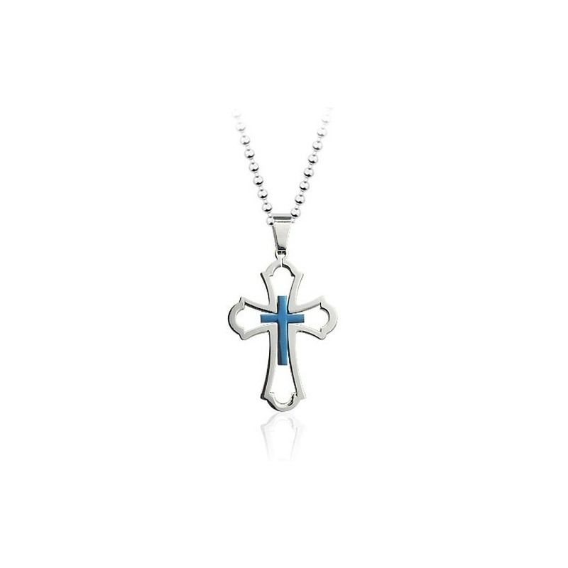 Pingente De Cruz De Titânio Azul Vazado Masculino - Corrente Grátis