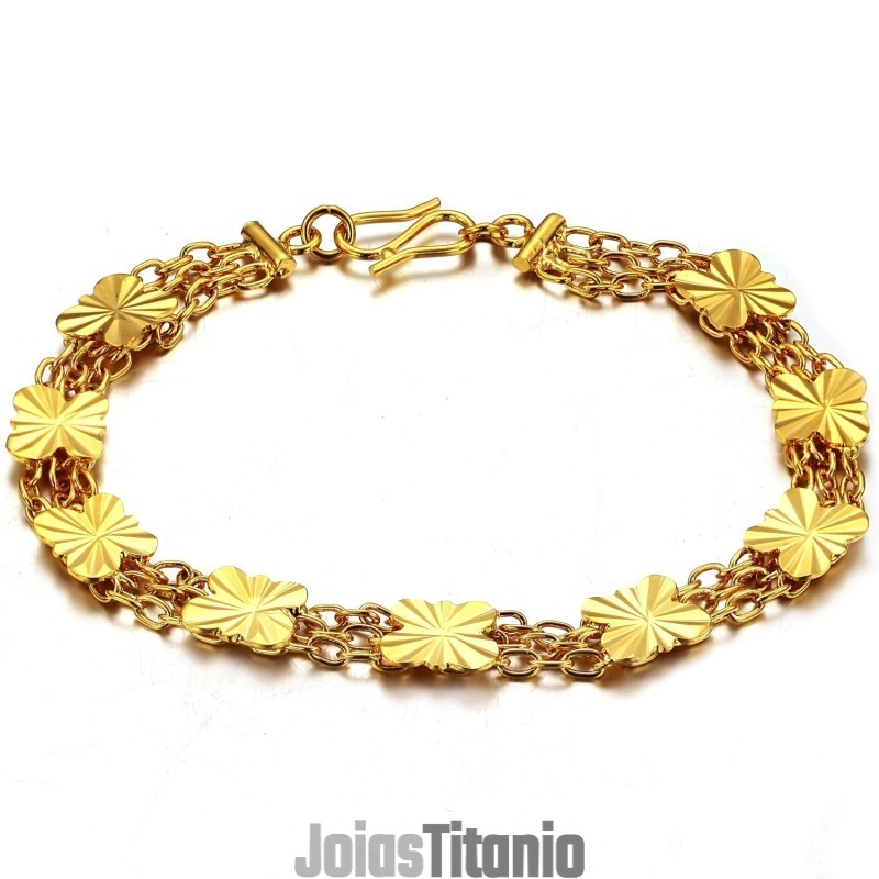 Pulseira Feminina Banhada A Ouro 18K Com Formato De Flor E Qualidade Garantida