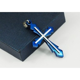 Pingente De Cruz De Titânio Azul Masculino Da Moda - Corrente Grátis