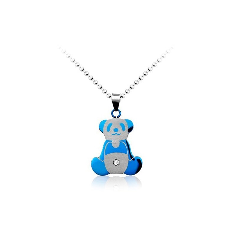Pingente De Titânio Panda Azul Fofo Masculino - Corrente Grátis