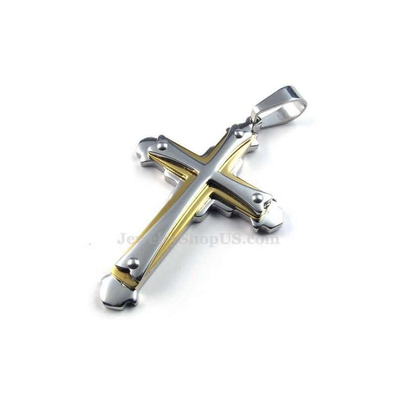 Colar Com Pingente De Três Cruzes Em Titânio E Prata Dourada (Corrente Grátis) Colar Com Pingente De Três Cruzes Em Titânio E Prata Dourada (Corrente Grátis)