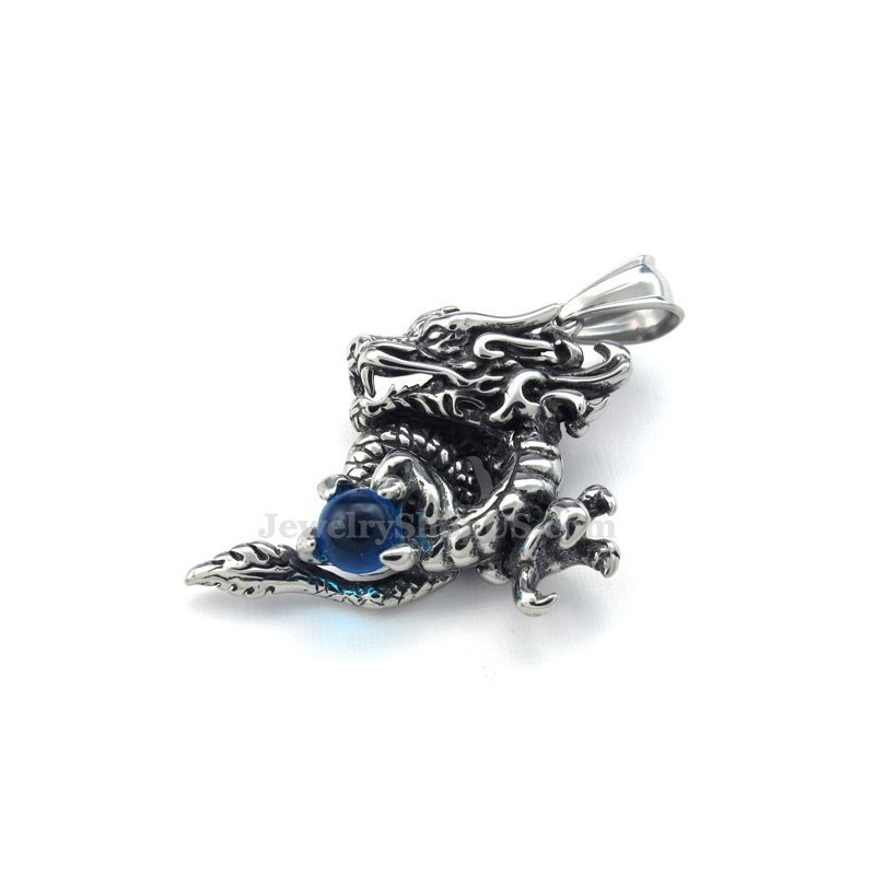 Colar Com Pingente De Dragão Em Titânio E Zircônia Azul Requintado (Corrente Grátis)