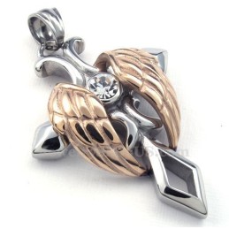 Colar Com Pingente De Cruz De Titânio Com Asas De Anjo Em Ouro Rosa (Corrente Grátis)