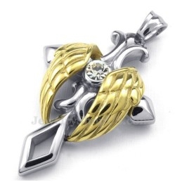 Colar Com Pingente De Cruz De Titânio Com Asas De Anjo Douradas (Corrente Grátis)
