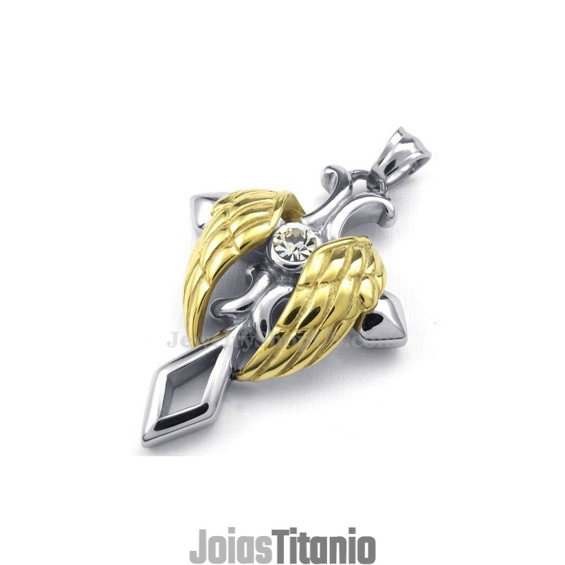 Colar Com Pingente De Cruz De Titânio Com Asas De Anjo Douradas (Corrente Grátis) Colar Com Pingente De Cruz De Titânio Com Asas De Anjo Douradas (Corrente Grátis)