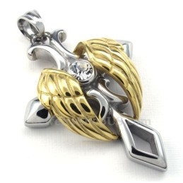 Colar Com Pingente De Cruz De Titânio Com Asas De Anjo Douradas (Corrente Grátis)