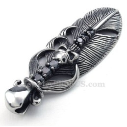 Colar Com Pingente De Pena De Titânio Adornado Com Caveira (Corrente Grátis)