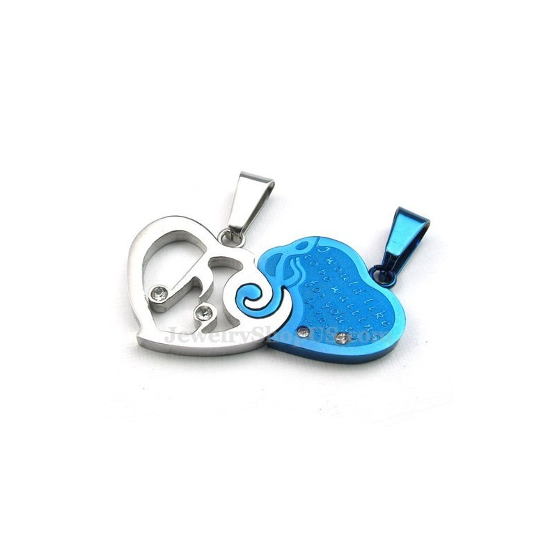 Colar Com Pingente De Corações De Titânio Azul E Prata (Corrente Grátis) (Um Par) Colar Com Pingente De Corações De Titânio Azul E Prata (Corrente Grátis) (Um Par)