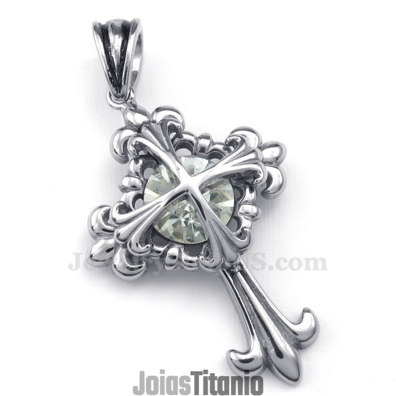 Colar Com Pingente De Cruz Em Forma De Flor De Titânio E Zircônia Branca (Corrente Grátis) Colar Com Pingente De Cruz Em Forma De Flor De Titânio E Zircônia Branca (Corrente Grátis)
