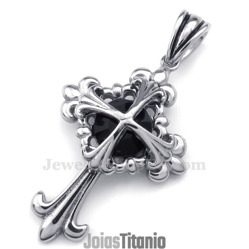 Colar Com Pingente De Cruz Em Forma De Flor De Titânio E Zircônia Preta (Corrente Grátis) Colar Com Pingente De Cruz Em Forma De Flor De Titânio E Zircônia Preta (Corrente Grátis)