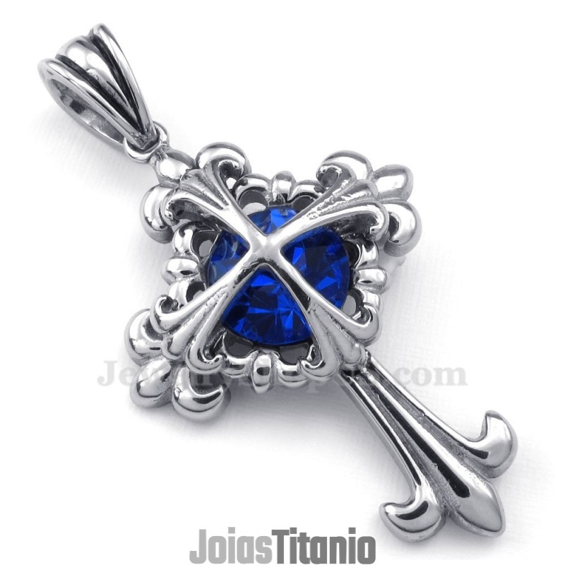 Colar Com Pingente De Cruz Em Forma De Flor De Titânio E Zircônia Azul (Corrente Grátis)