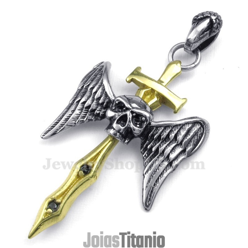 Colar Com Pingente De Cruz De Caveira E Espada Dourada De Titânio (Corrente Grátis) Colar Com Pingente De Cruz De Caveira E Espada Dourada De Titânio (Corrente Grátis)
