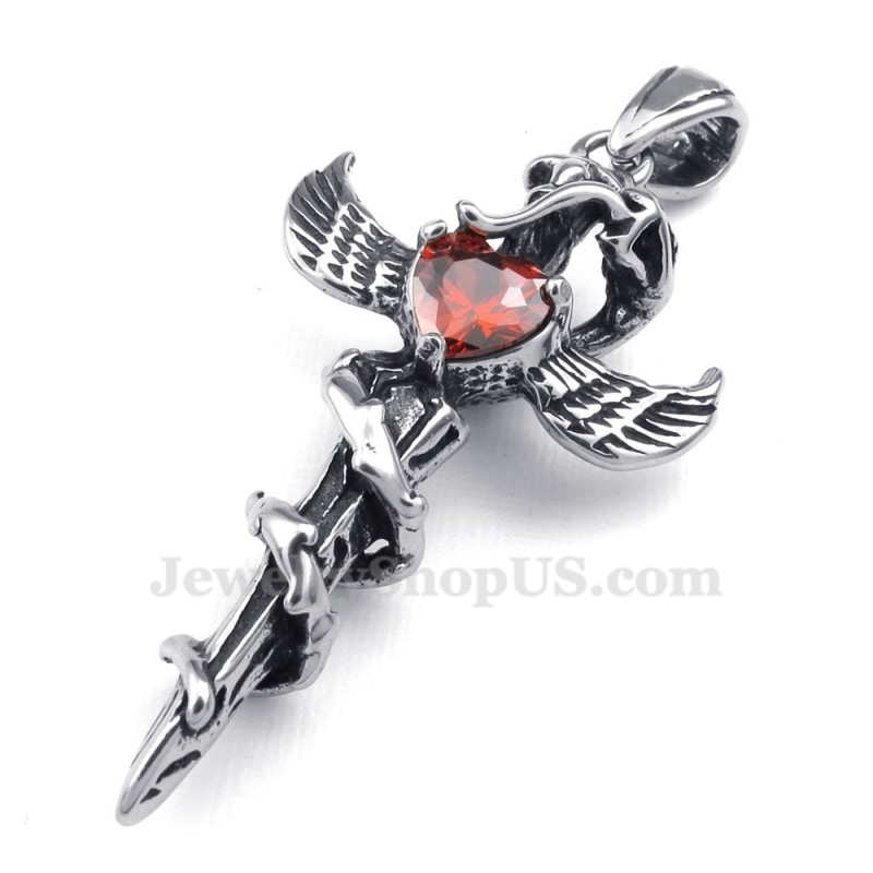 Colar Com Pingente De Cruz De Titânio Com Asas De Espada De Zircônia Vermelha (Corrente Grátis)