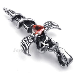 Colar Com Pingente De Cruz De Titânio Com Asas De Espada De Zircônia Vermelha (Corrente Grátis)