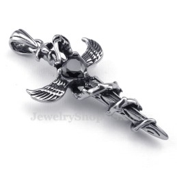 Colar Com Pingente De Cruz De Titânio Com Asas De Espada De Zircônia Preta (Corrente Grátis)