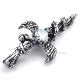 Colar Com Pingente De Cruz De Titânio Com Asas De Espada De Zircônia Branca (Corrente Grátis)