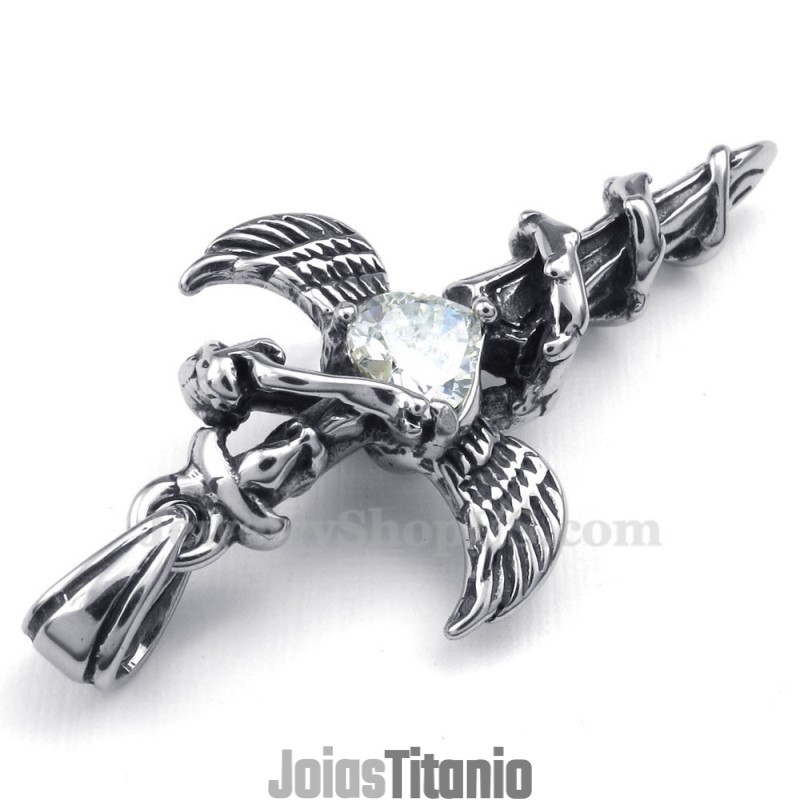 Colar Com Pingente De Cruz De Titânio Com Asas De Espada De Zircônia Branca (Corrente Grátis)