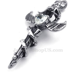Colar Com Pingente De Cruz De Titânio Com Asas De Espada De Zircônia Branca (Corrente Grátis)