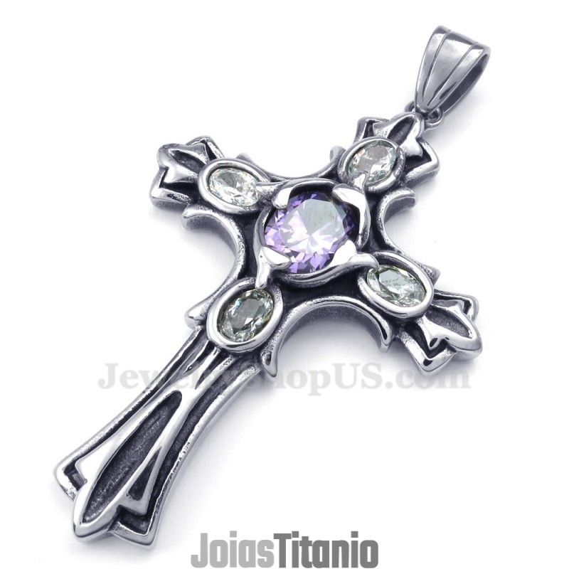 Colar Com Pingente De Cruz De Titânio E Zircônia Roxa (Corrente Grátis) Colar Com Pingente De Cruz De Titânio E Zircônia Roxa (Corrente Grátis)