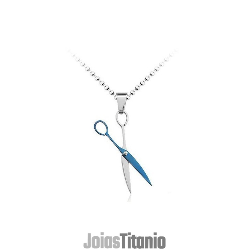 Pingente De Titânio Estilo Tesoura Azul - Corrente Grátis