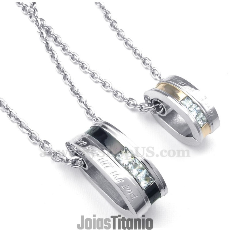 Colar Com Pingente De Casal Em Círculos De Titânio E Zircônia Branca (Corrente Grátis) (Um Par)