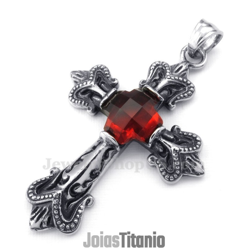 Colar Com Pingente De Cruz De Zircônia Vermelha De Titânio (Corrente Grátis) Colar Com Pingente De Cruz De Zircônia Vermelha De Titânio (Corrente Grátis)