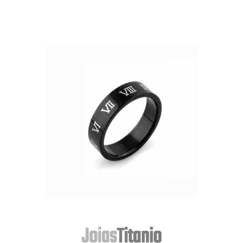Anel Masculino De Titânio Preto De 6 Mm Com Algarismos Romanos Anel Masculino De Titânio Preto De 6 Mm Com Algarismos Romanos