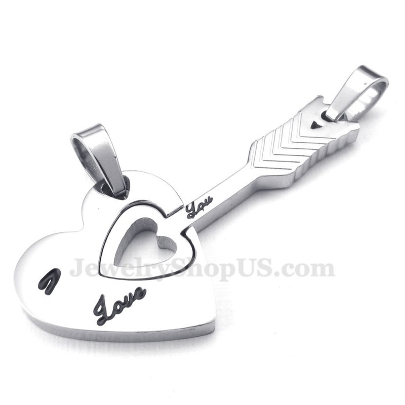 Colar Com Pingente De Casal Em Forma De Flecha De Cupido E Corações Em Prata E Titânio (Corrente Grátis) (Um Par)