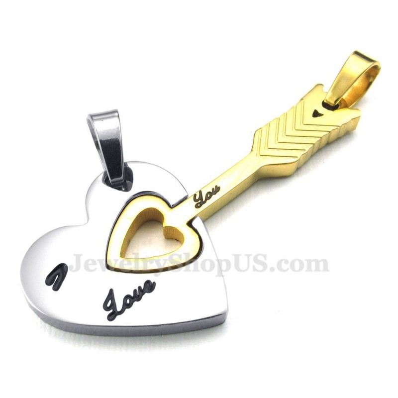 Colar Com Pingente De Casal Em Forma De Flecha De Cupido E Corações Em Titânio Dourado (Corrente Grátis) (Um Par) Colar Com Pingente De Casal Em Forma De Flecha De Cupido E Corações Em Titânio Dourado (Corrente Grátis) (Um Par)