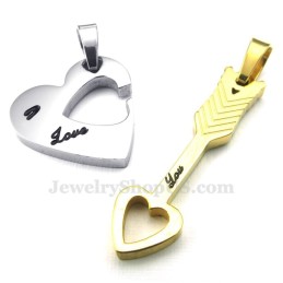 Colar Com Pingente De Casal Em Forma De Flecha De Cupido E Corações Em Titânio Dourado (Corrente Grátis) (Um Par)