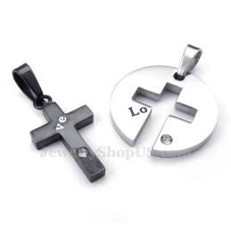 Colar Com Pingente De Casal Em Titânio Preto E Cruz (Corrente Grátis) (Um Par)