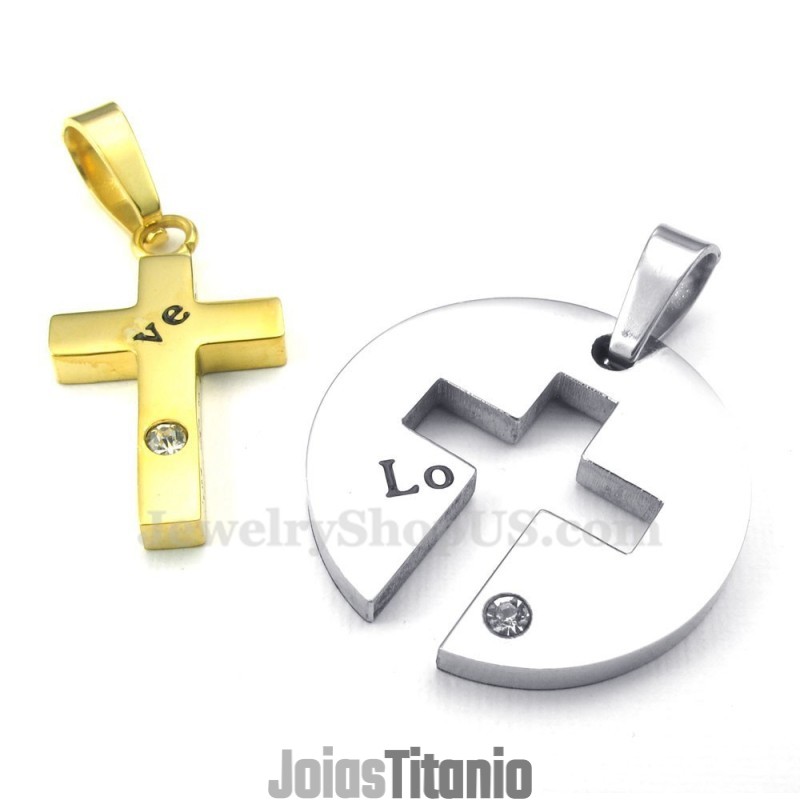 Colar Com Pingente De Cruz De Titânio E Ouro (Corrente Grátis) (Um Par) Colar Com Pingente De Cruz De Titânio E Ouro (Corrente Grátis) (Um Par)
