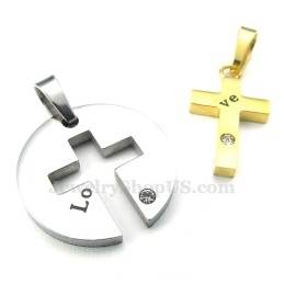 Colar Com Pingente De Cruz De Titânio E Ouro (Corrente Grátis) (Um Par)