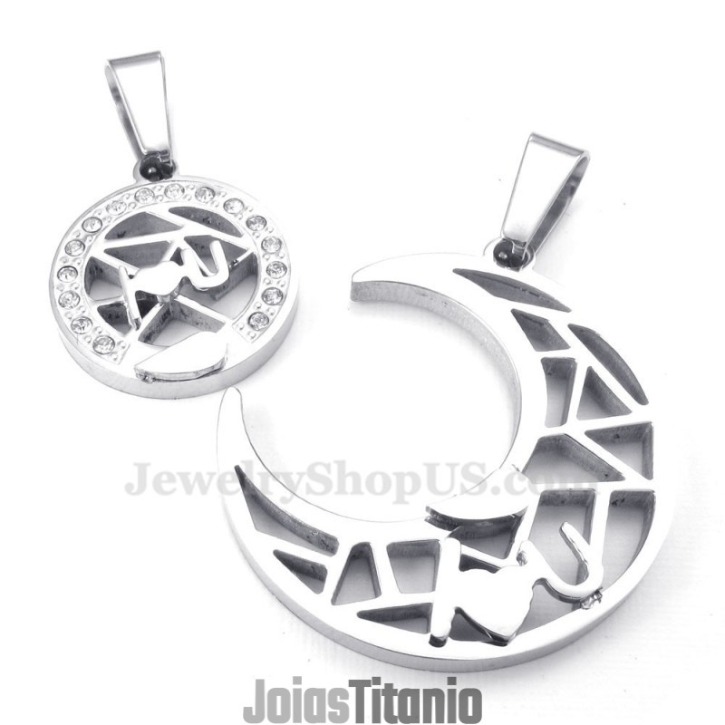 Colar Com Pingente De Casal Em Titânio E Prata Com Lua E Estrelas (Corrente Grátis) (Um Par) Colar Com Pingente De Casal Em Titânio E Prata Com Lua E Estrelas (Corrente Grátis) (Um Par)