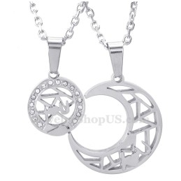 Colar Com Pingente De Casal Em Titânio E Prata Com Lua E Estrelas (Corrente Grátis) (Um Par)