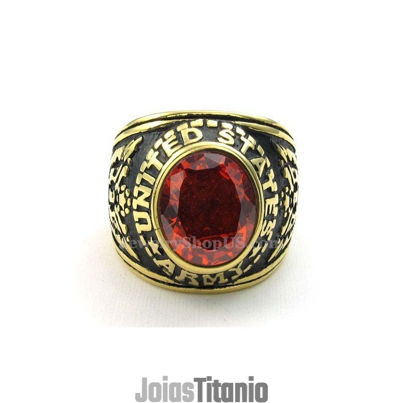 Anel De Titânio Dourado Com Zircônia Vermelha