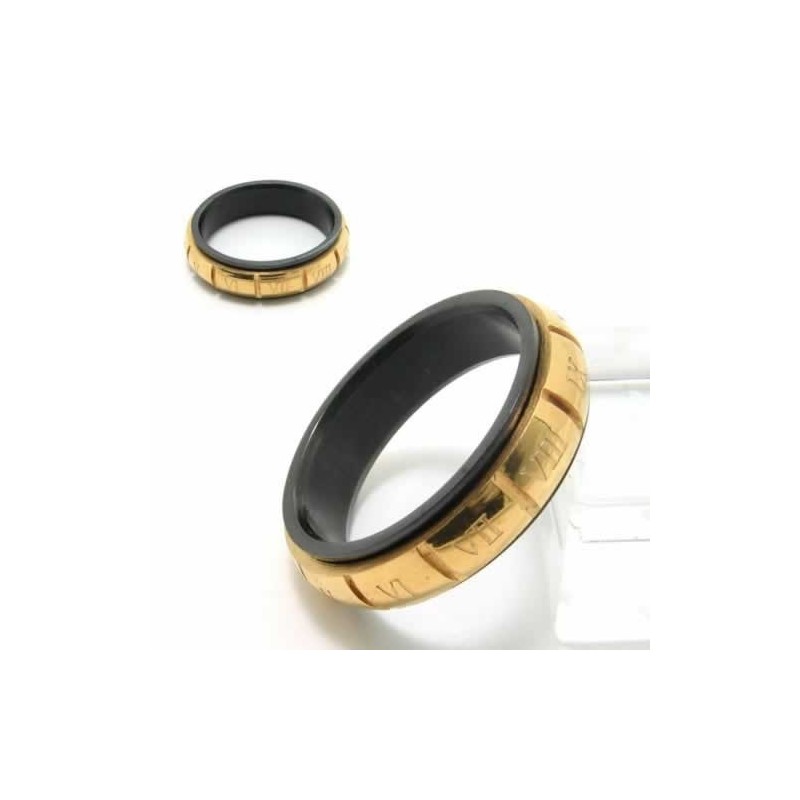 Anel De Corte Em Titânio Preto E Dourado Com Algarismos Romanos De 6 Mm Anel De Corte Em Titânio Preto E Dourado Com Algarismos Romanos De 6 Mm