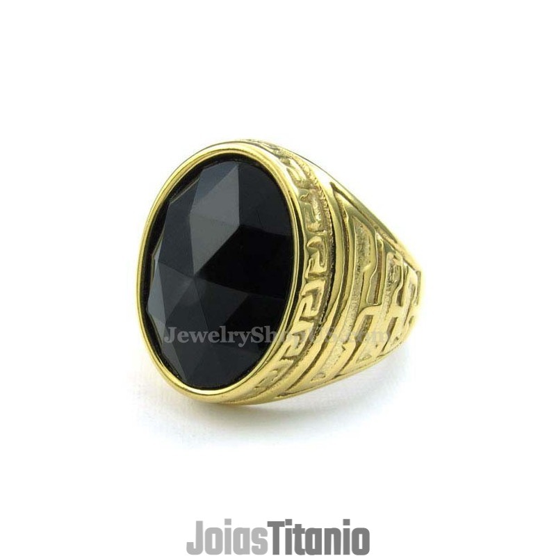 Anel Masculino De Titânio Dourado Com Zircônia Preta