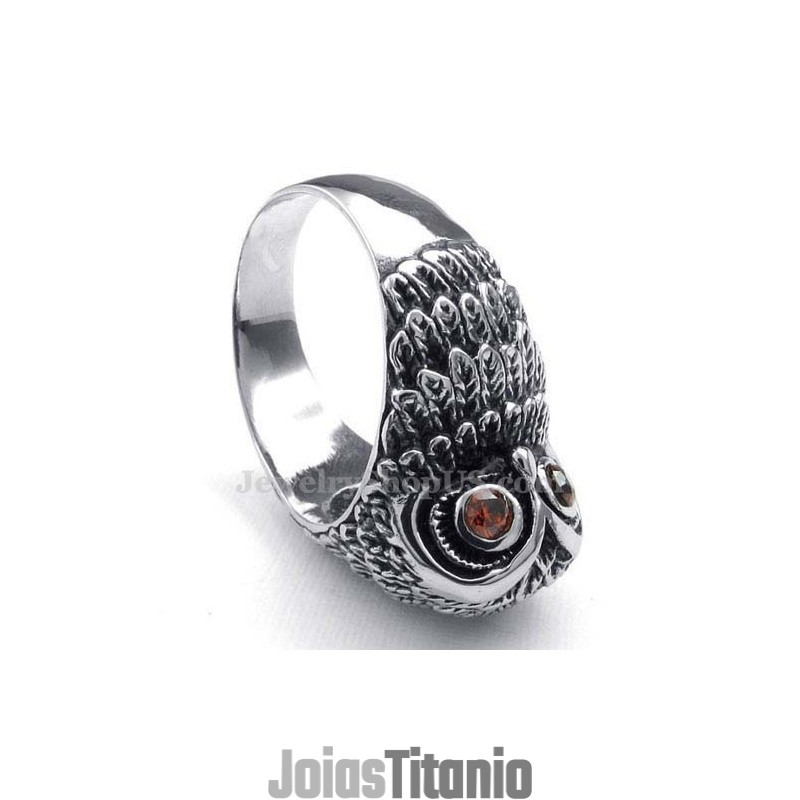 Anel De Coruja De Titânio Com Olhos De Zircônia Vermelha Anel De Coruja De Titânio Com Olhos De Zircônia Vermelha